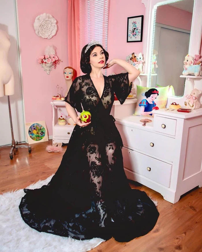 Lydia Wrap Dress in Black Flocked Rose Mesh The Vintage Carousel