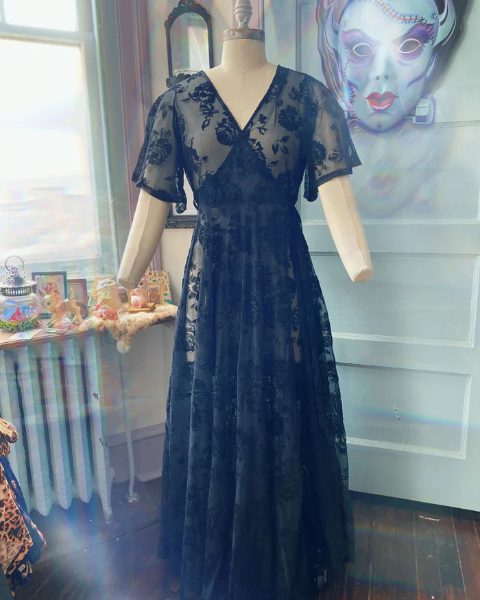 Lydia Wrap Dress in Black Flocked Rose Mesh The Vintage Carousel