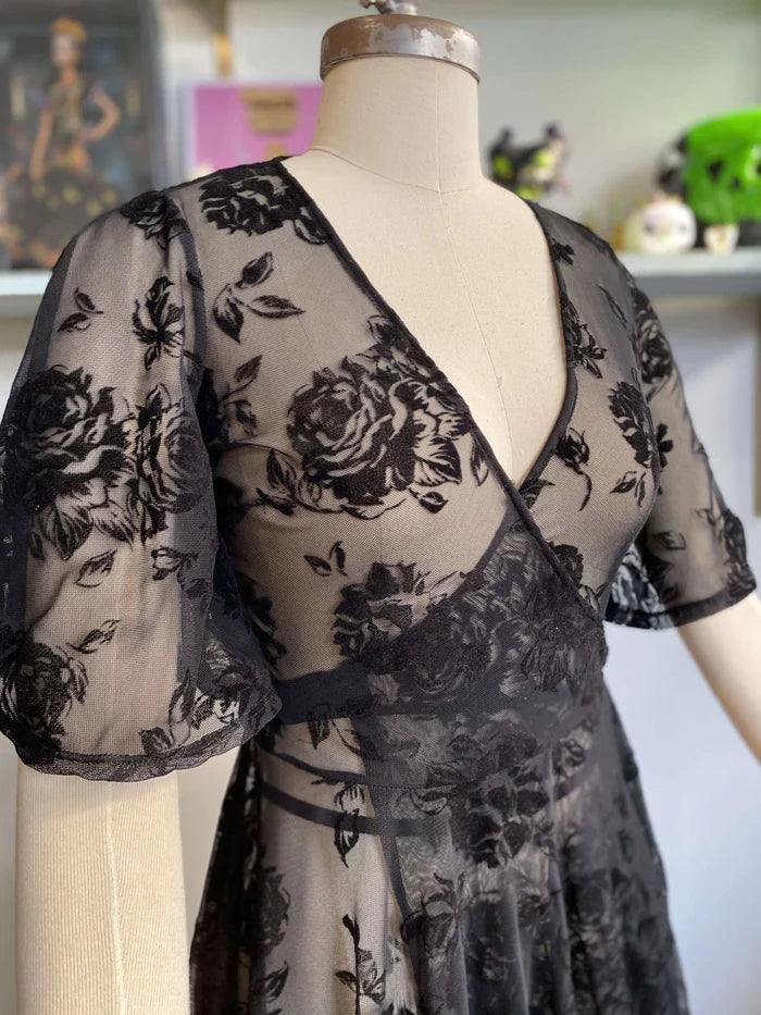 Lydia Wrap Dress in Black Flocked Rose Mesh The Vintage Carousel